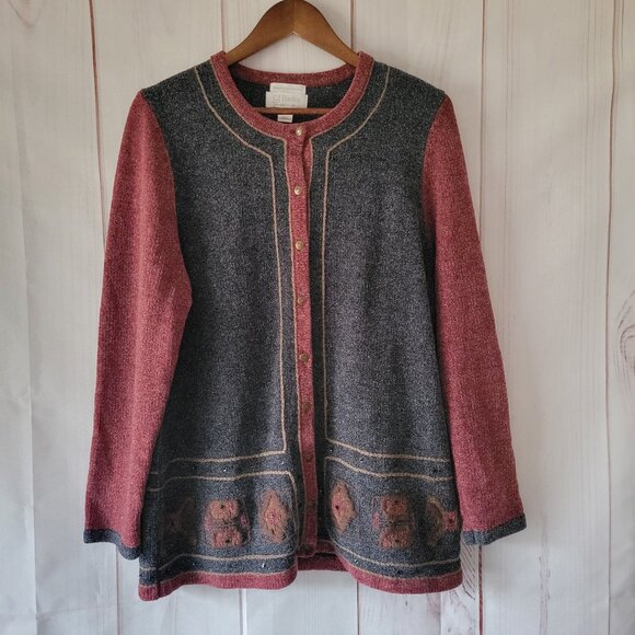 Vintage CJ Banks Women’s 1X Button-down Cardigan, Hand Embroidered, Maroon/Gray - Picture 1 of 10